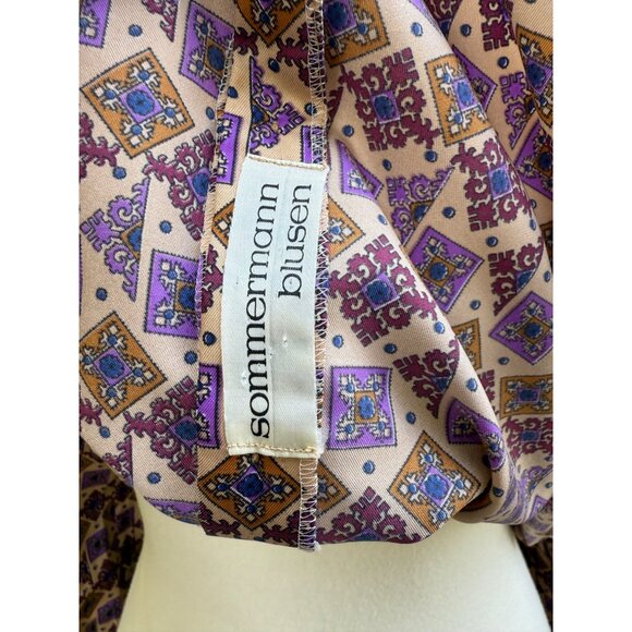 70s Dagger Collar Blouse All Over Purple Geometric Print Balloon Sleeve Custom - Picture 5 of 15